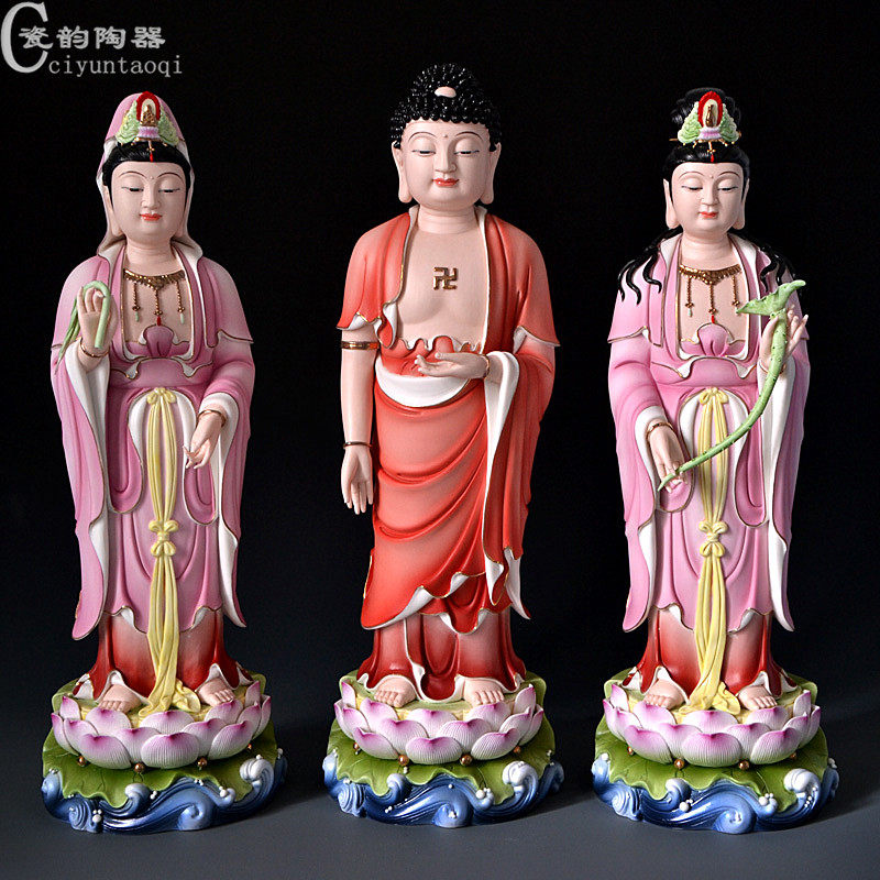 Dehua Ceramics Li-Lian Western Three Saints worship ornaments Amitabha Buddha Guanshiyin Bodhisattva seated Lotus Buddha statue