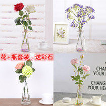 Simulation flower rose fake flower small vase ornaments Transparent glass vase desktop hotel restaurant interior dry flower decoration