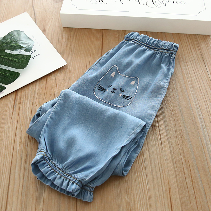 2019 Girls Thin Jeans Baby Spring Jeans Cartoon thêu Tencel Cotton Jeans Quần dài - Quần jean quần jean lót lông trẻ em