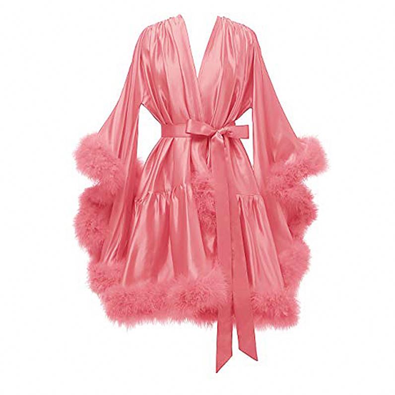 European and American Fashion New Style Bride and Bridesmaid Robes Wedding Party Feather Cape Solid Color Belted Cloak Nightgown