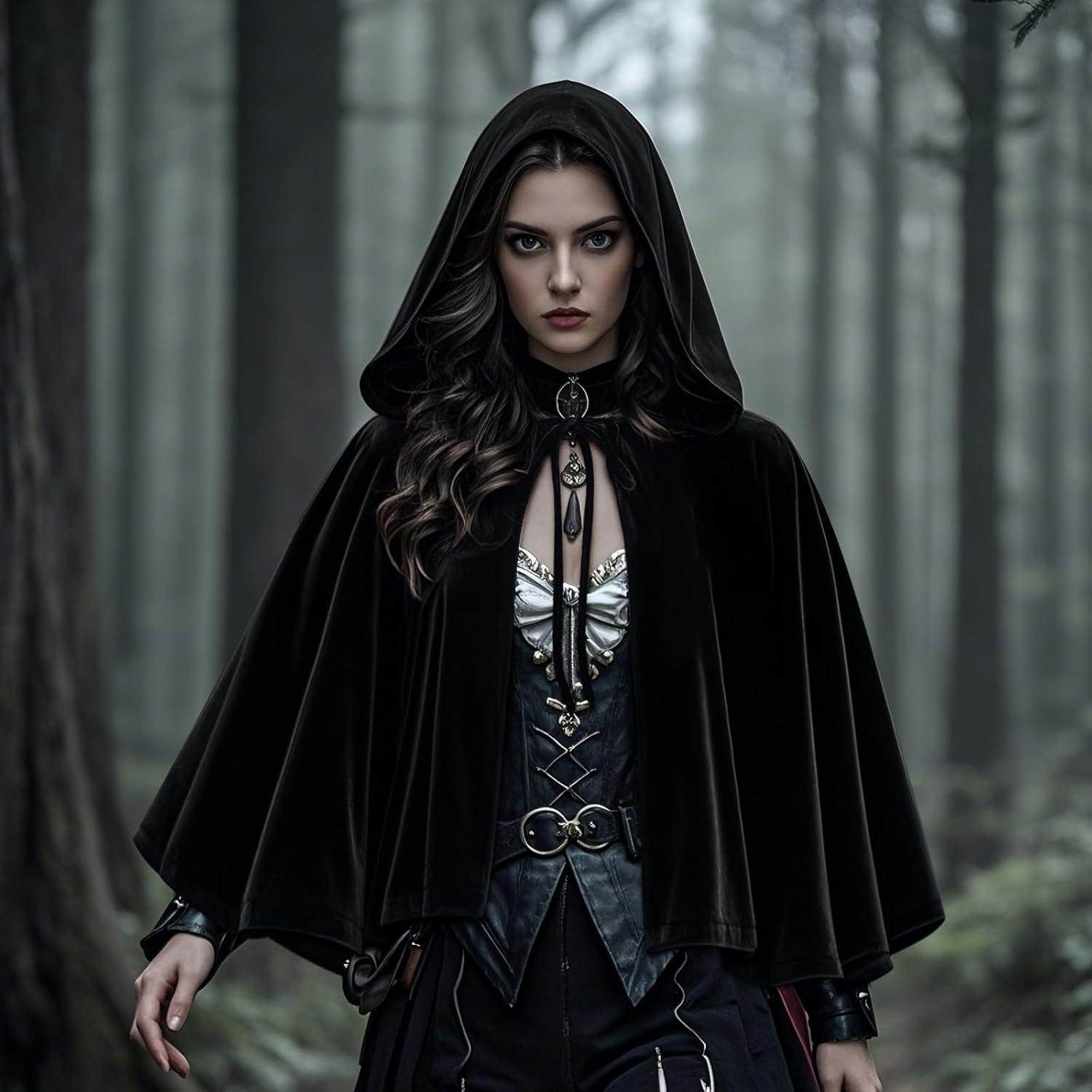 New Halloween anime character costume, stylish black cape, stage outfit, velvet hooded shawl