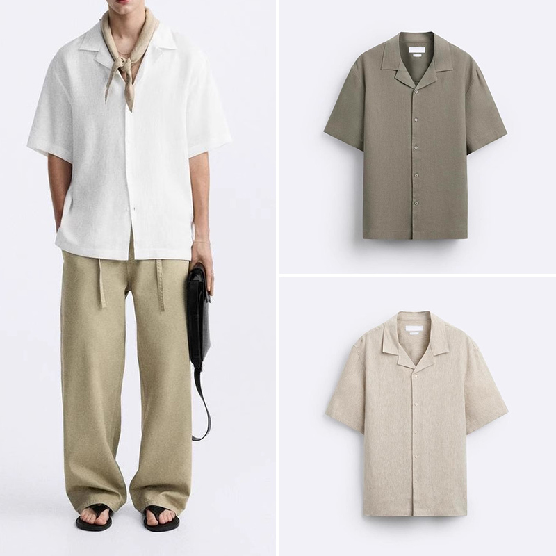 Cabinet 319! Za Men's Clothing, Loose Casual Bowling Shirt with Collar, Short-Sleeved Blended Shirt for Men 3090200