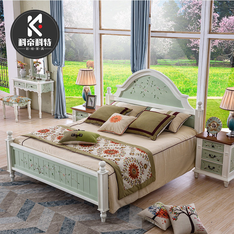 American pastoral style bed wedding bed master bedroom double 1 8m European style solid wood bed 1 5 princess bed double bed