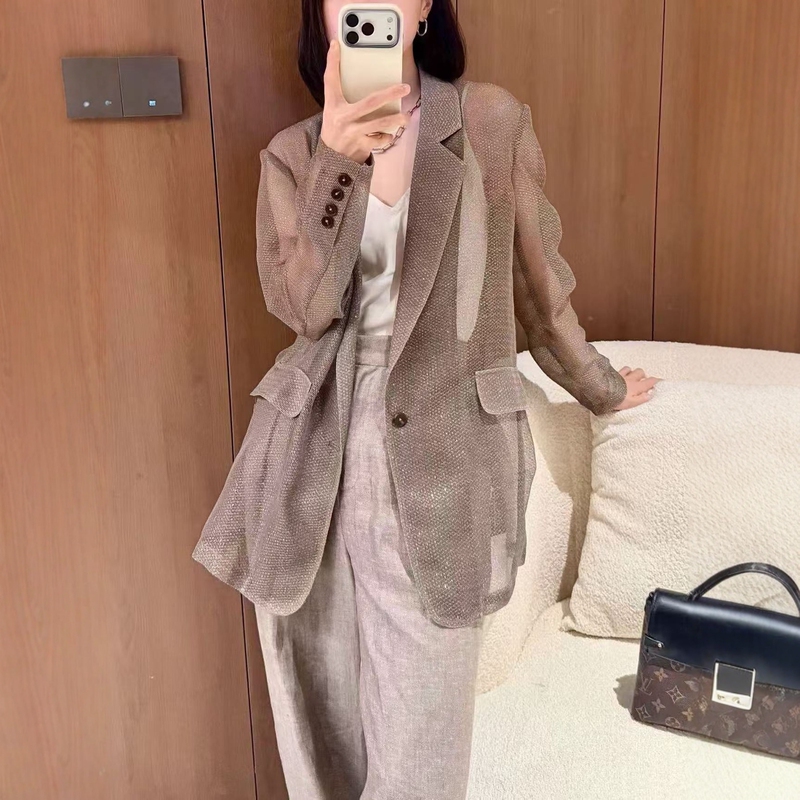 European-Style Metallic Thread Old Money Style Linen Suit for Women, Long-Sleeved, Loose-Fitting, Slimming, Elegant and Sophisticated Jacket for Commuting