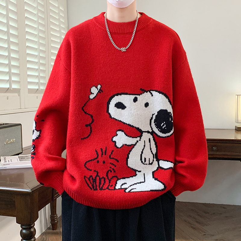 Red Cartoon Animal Round-Neck Sweater for Men, Autumn and Winter New Trendy Brand Loose Casual Warm Knitwear for Teenagers Red Cartoon Animal Round-Neck Sweater for Men, Autumn and Winter New Trendy Brand Loose Casual Warm Knitwear for Teenagers