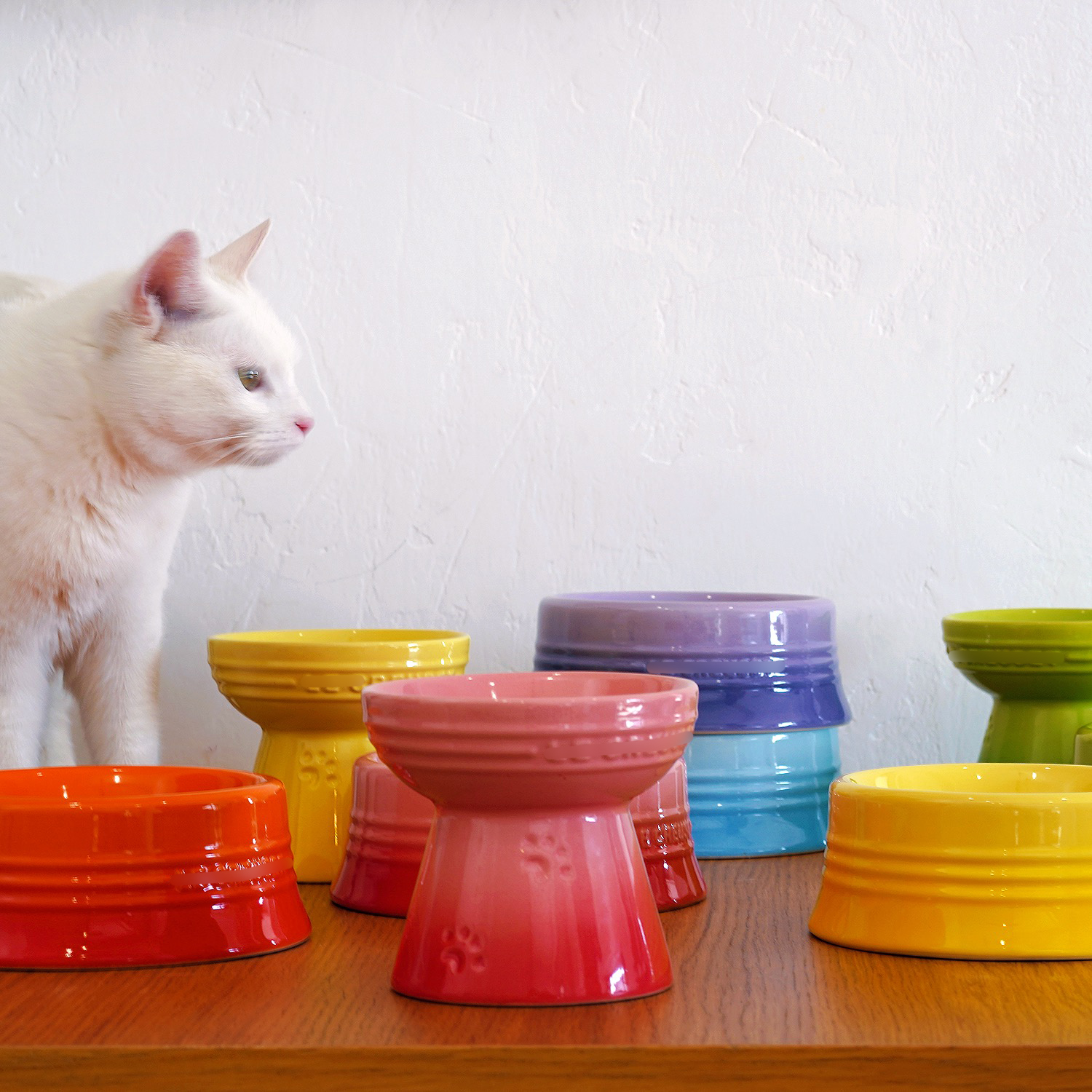 Judazzling colorful one-house creative ceramic High foot Number of pet bowls kittens Anti-catty Cat Food Bowl Swing