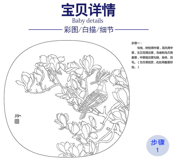 товар из китая 工笔画白描打印底稿玉兰郑玲玲玉堂富贵40*43原大有步骤说明004z