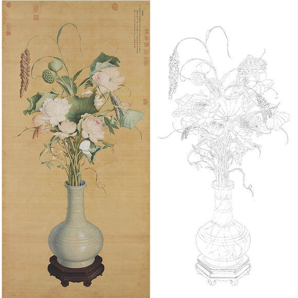 National Painting Work Stroke White Sketching manuscript Lang Shining Poly Rui Tubo Ancient Vase Physical Hook-line white paper printing 713T