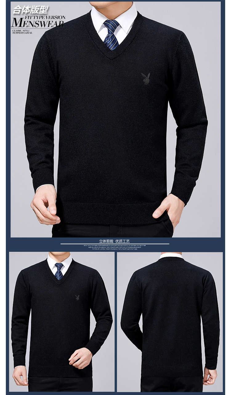 Áo len nam trung niên Playboy Áo len cổ chữ trung niên Bố tải áo len cashmere dày áo len nam quần áo thể thao