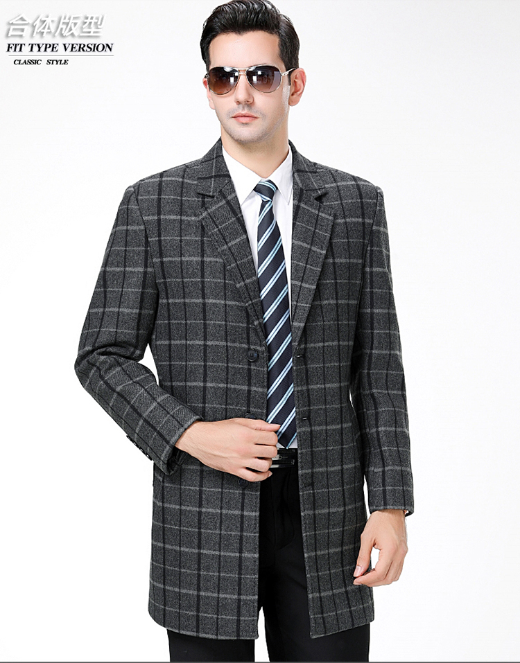 Áo khoác len Playboy chính hãng nam dài phần mùa thu và mùa đông phù hợp với cổ áo kẻ sọc len len cashmere áo khoác jean nam
