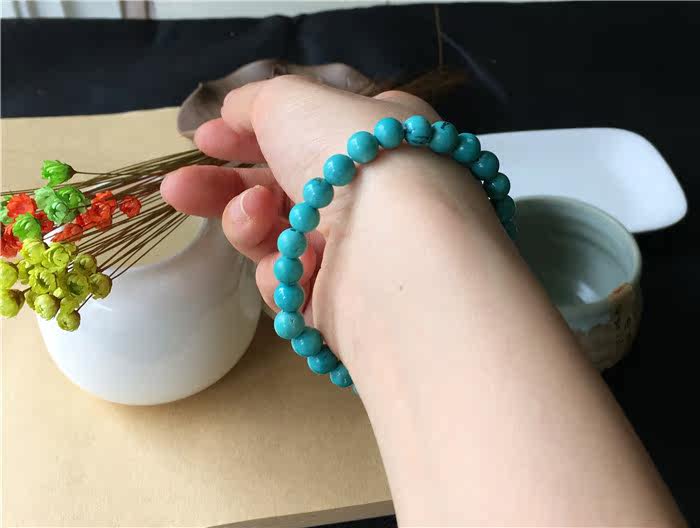手饰/手串 迷人小精品 高瓷高蓝 原矿绿松石手链 深蓝玉化 湖北洞子沟 7mm