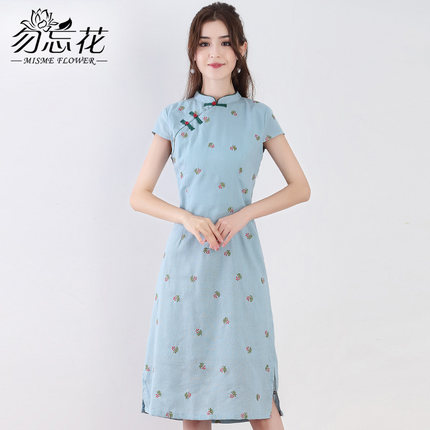 勿忘花连衣裙女夏2018新款棉麻裙旗袍裙民族