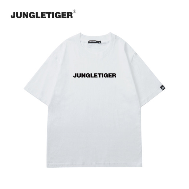 ເສື້ອຍືດແຂນສັ້ນ Jungle Tiger American hip-hop lettering for men high street fashion brand loose casual pure cotton white top for women