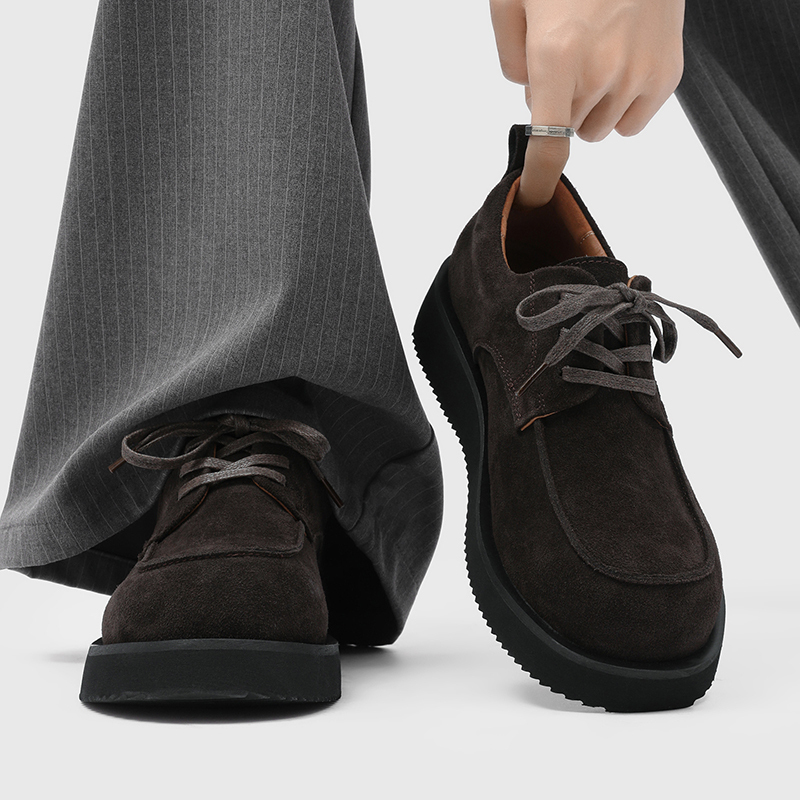 American Retro Derby Shoes for Men, Suede Leather, High-End Brown Work Shoes, Thick-Soled Height-Increasing Casual Leather Shoes for Commuting