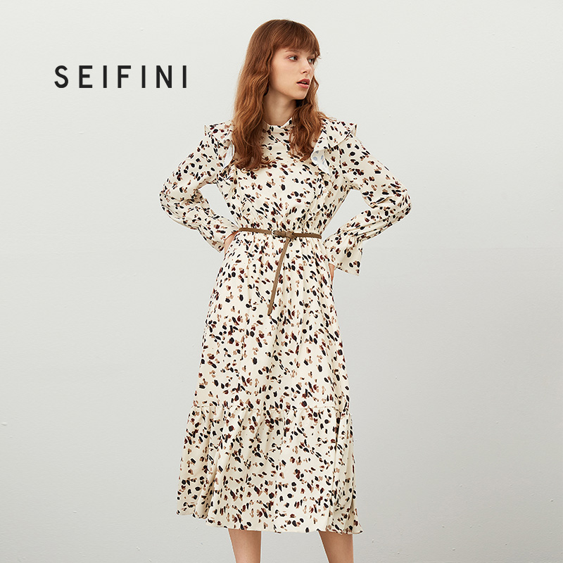 BeigeShi Fanli skirt female Medium and long term new pattern Auricularia auricula edge Chiffon Dress High waist Close your waist Broken flower Dress female