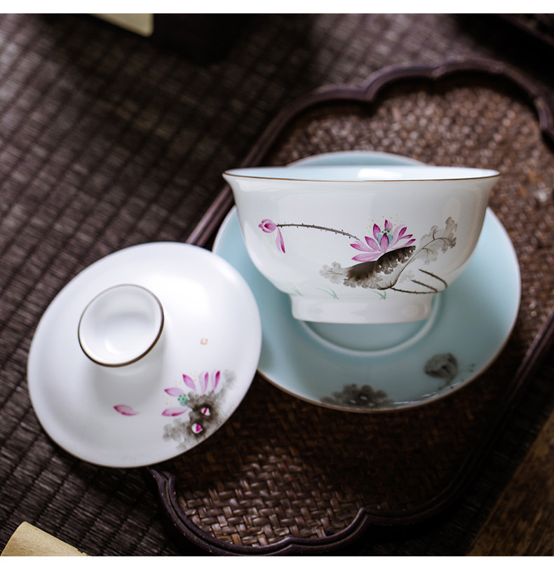 JingChen jingdezhen hand - made only three tureen tea cup celadon famille rose porcelain bowl kung fu tea set gift