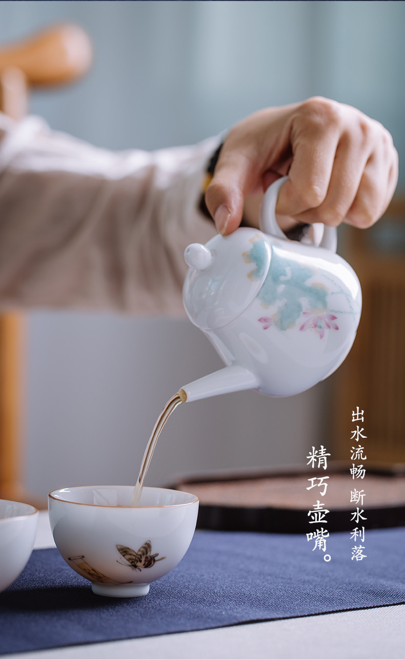 Pure hand draw lotus tea one single mini teapot for a single small white porcelain handle hand grasp pot of jingdezhen