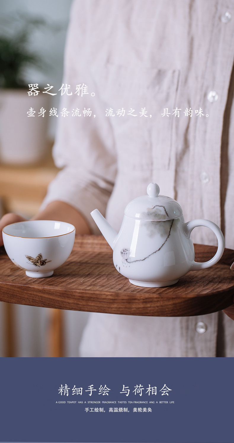 Pure hand draw lotus tea one single mini teapot for a single small white porcelain handle hand grasp pot of jingdezhen