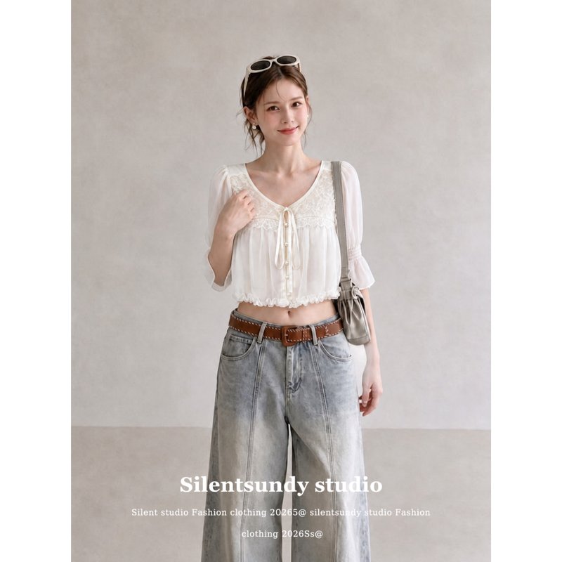 French Sweet Style Lace-Up V-Neck Shirt for Women, Summer Wear, Short Off-White Elegant Top, Trendy