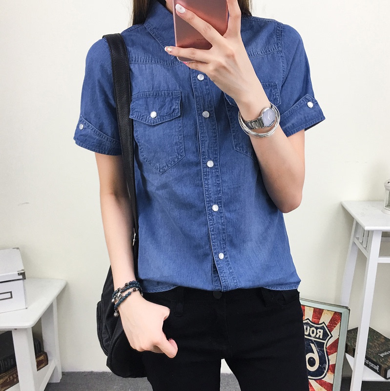 Summer New Style Pure Cotton Denim Shirt for Women, Short-Sleeved, Korean Style, Slim Fit, Student Casual, Versatile Shirt, Thin Top