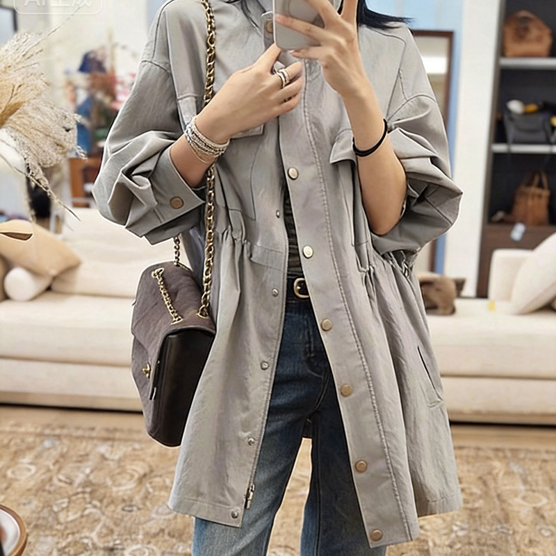 Meiyan Sea Salt Trench Coat Lyocell Cotton_ Stand Collar Drawstring Pleated Workwear Long Sleeve Jacket