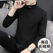 Autumn new solid color long staple cotton inner long sleeve T-shirt men trend personality letter embroidery semi high collar base shirt