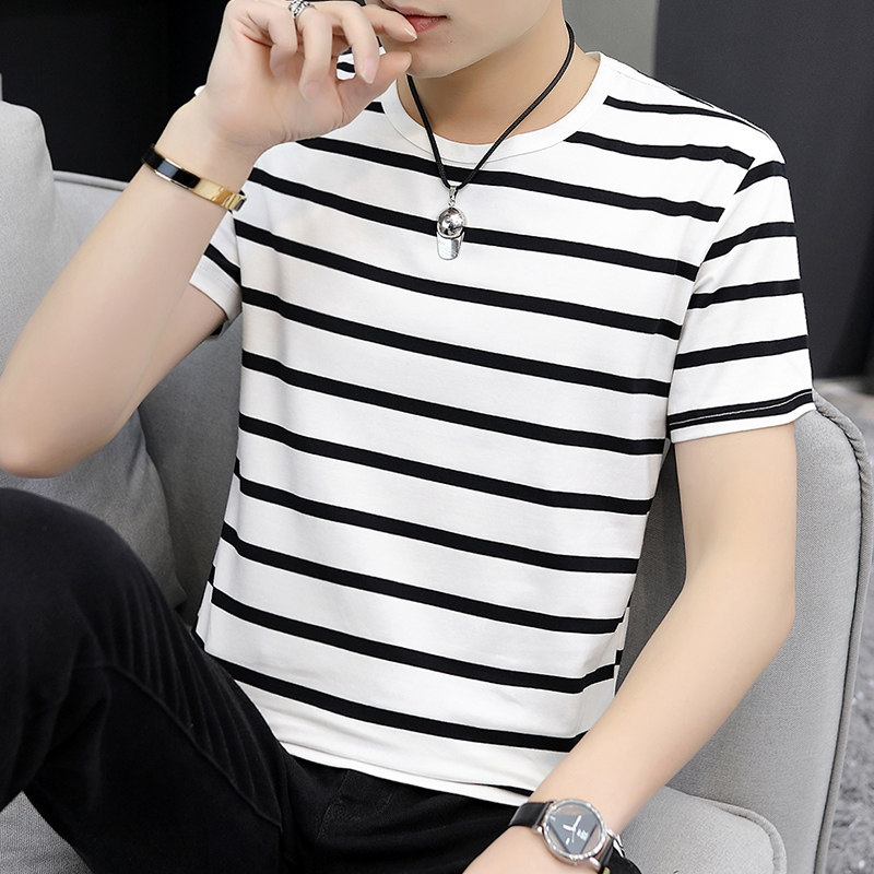 Summer black-and-white striped silk light cotton short sleeve T-shirt male 2022 new tide sign trendy half sleeve sea soul T-shirt