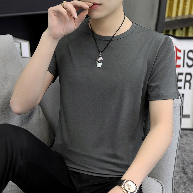 Ice Silk Mordale Cotton Short Sleeve T-shirt Male Round Collar Pure Color Sashimi Half Sleeve Men Tide Card T-shirt Summer Clothes T