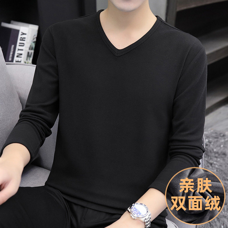 Double sided velvety long sleeve T-shirt men's fall V collar pure color upper clothes uptrend handsome and white plus velvety undershirt