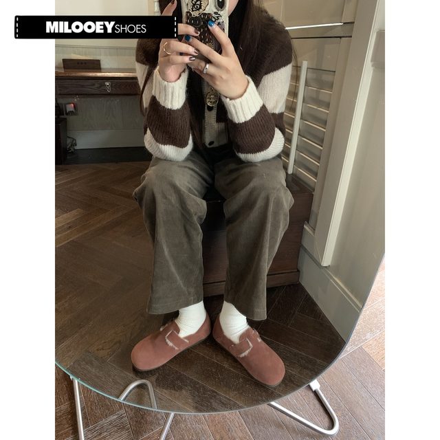 Lost Elk Retro plus velvet Birkenstocks Women's winter leather warm cotton shoes, round head hairy single shoes