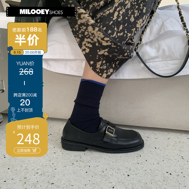 Lost elk retro Inn Wind Monk shoes women spring new square head flat bottom single shoes genuine leather Lefu shoes leather shoes