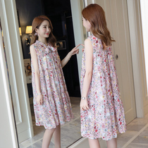 Maternity dress summer skirt Sleeveless summer Chiffon dress Floral loose mid-length maternity dress tide mom summer dress