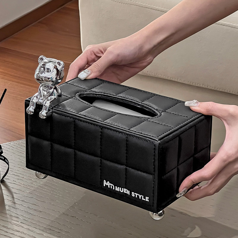 Upscale light and luxurious tissue box cortex pumping paper box black home table tea table living room sample room designer's section-Taobao