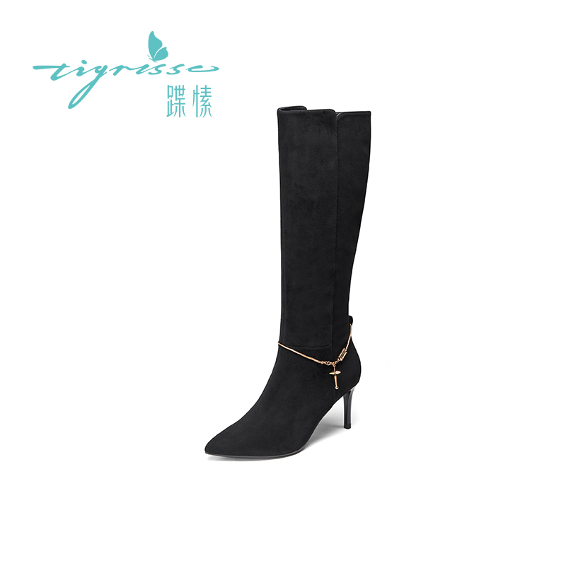 Black Cashmere Surface (S South Entrance, Slightly Smaller Tube Circumference)ts winter new pattern Sharp point Retro chain Two wear Sheepskin Fine heel Long boots  TA10710-12