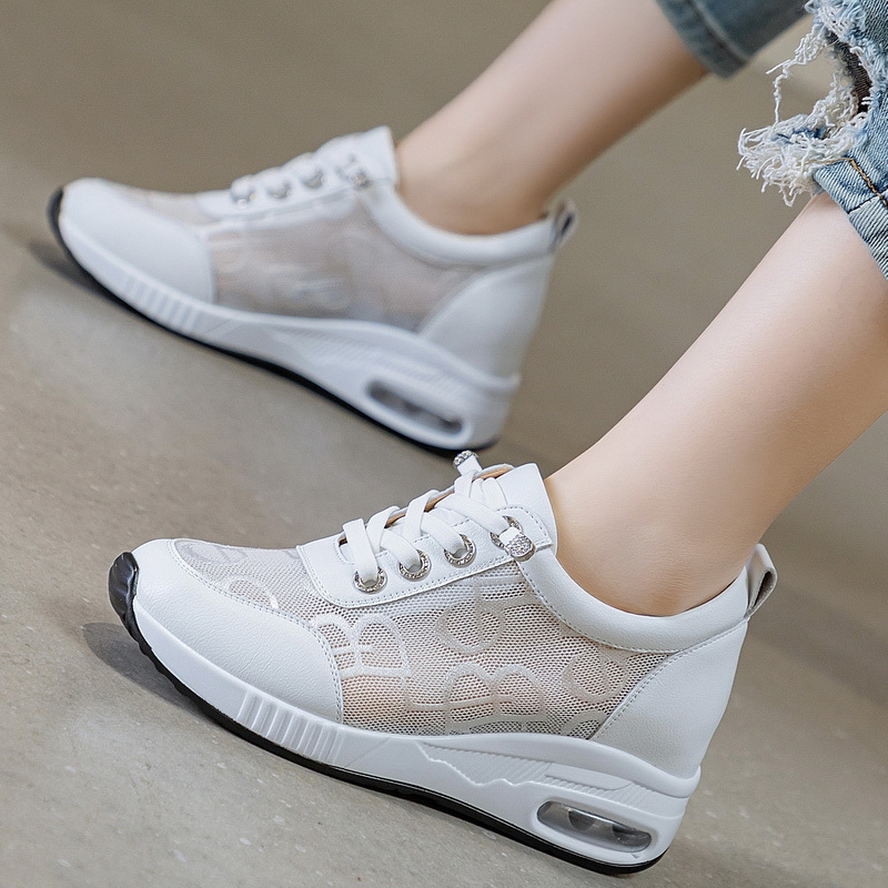 Genuine Leather Air-Cushion White Sneakers 2024 Summer New Style with Internal Height Increase, Breathable Mesh, Thick Sole, Casual Wedge Heel Women's Shoes