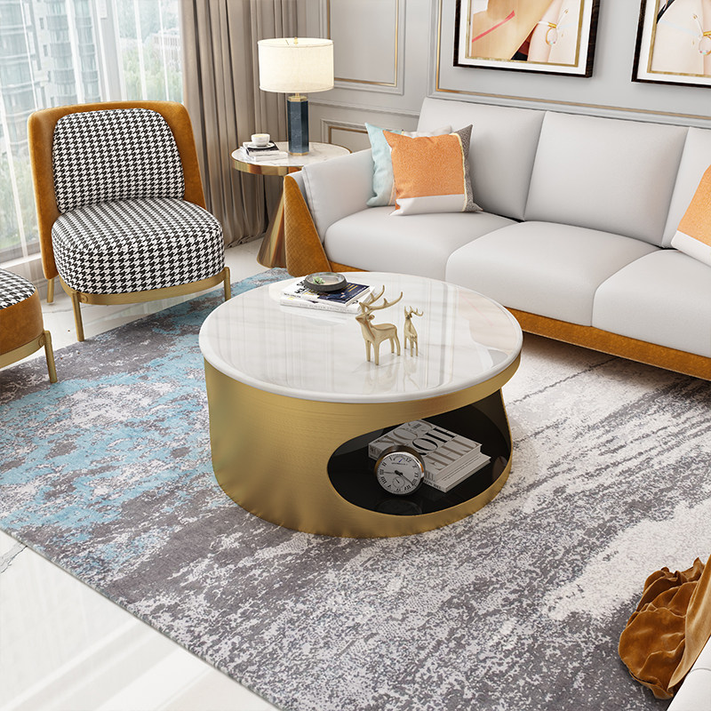 Round marble coffee table Light luxury modern Nordic Round small apartment small coffee table Bedroom double layer can store coffee table