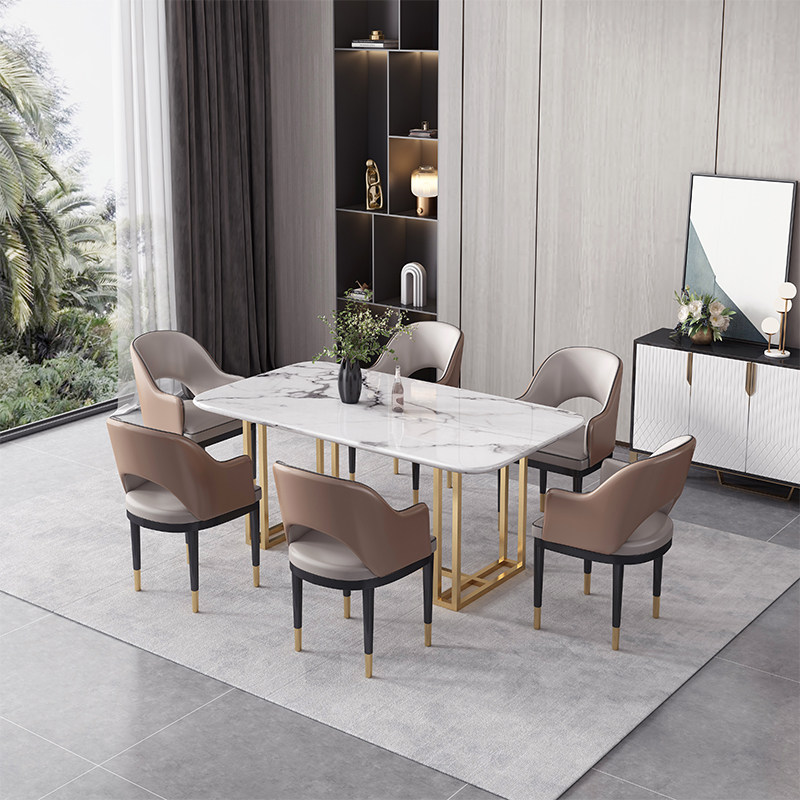 Rock plate dining table Household small household modern simple light luxury rectangular stainless steel marble dining table and chair combination