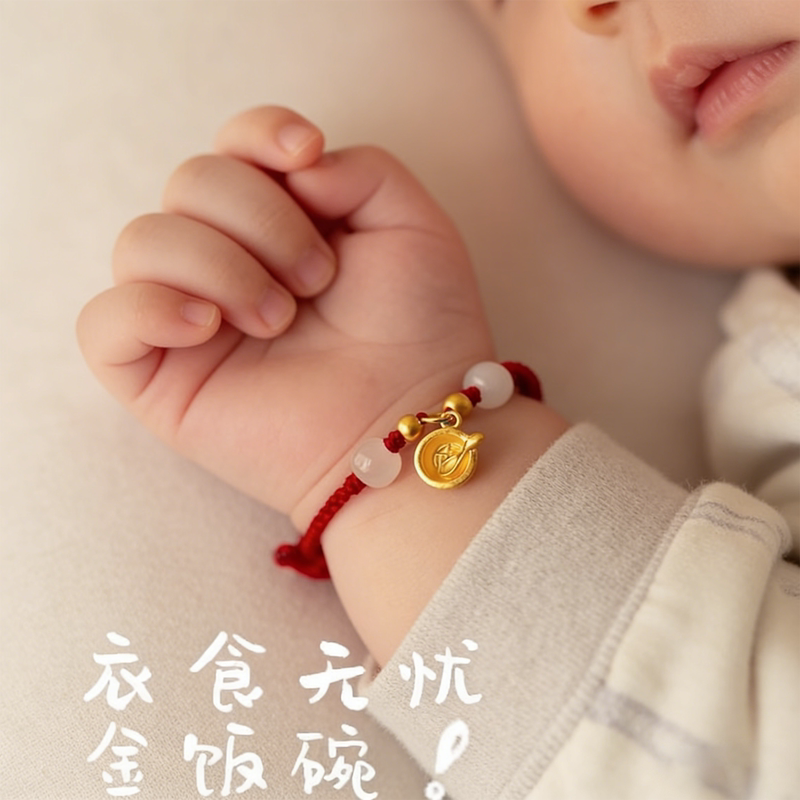 Pure Gold 999 Gold Rice Bowl Bracelet, Baby Gold Jewelry, Full Moon Baby Gold Bracelet, Prosperity and Abundance, One-Year-Old Baby Bracelet