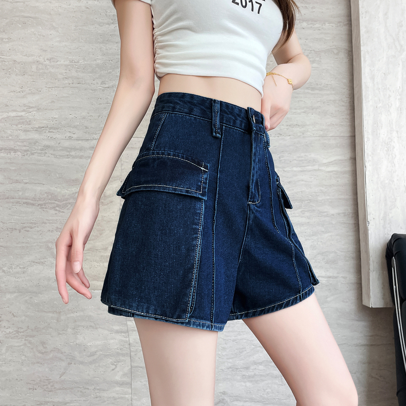 Denim Blue High Waist Workwear Denim Shorts Women's Summer New Loose Slim Jeans Big Pocket Three-Point Hot Pants
