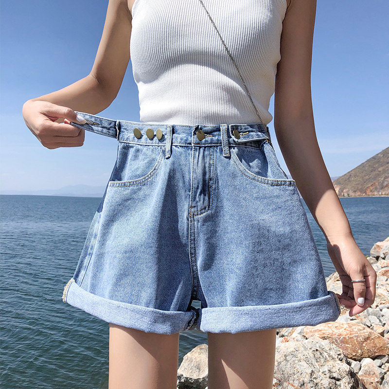 Fat sister mm fit for hip thigh coarse 2022 Summer new increased code denim shorts female loose with slim and broad legs