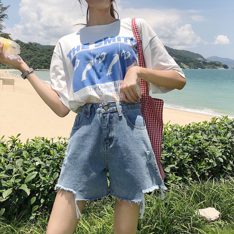 Large size women's dress Korean version 2022 summer dress new denim shorts female fat sister mm loose slim fit student 100 hitch