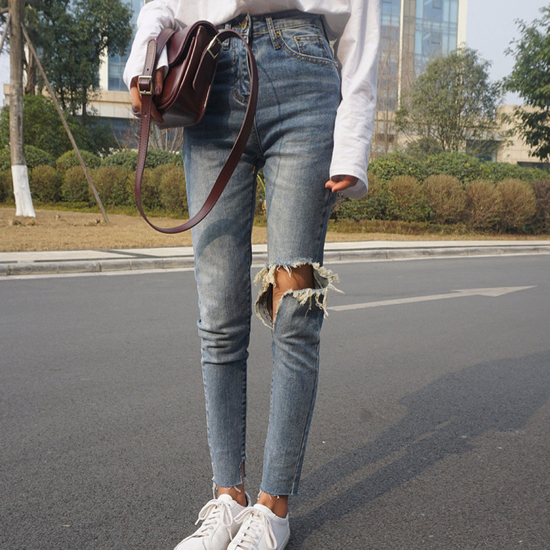 Breaking Hole Jeans Female summer ultra-thin section 2022 New large size dress Fat mm Conspicuthin High Waist Version Elastic Pants