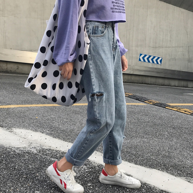 Big size ripped jeans female fat mm pants loose thin high waist bf style student wide leg straight nine-point pants tide