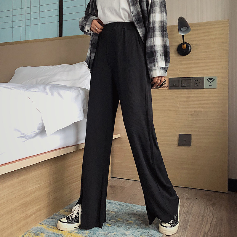 2022 new large size women's pants Fat sister mm Loose Pendant Feel Straight Pants Korean Version Tightness Waist Black Tug Long Pants