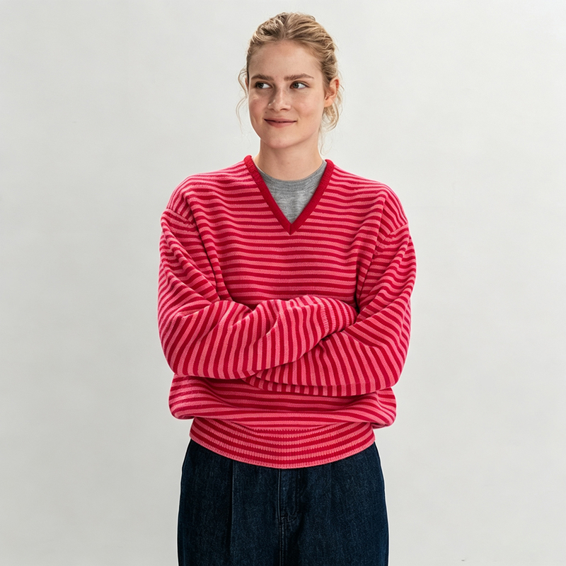 Moondal Striped V-Neck Sweater for Women 2026Ss Early Autumn New Classic Color-Blocking Lazy Style Knitted Pullover Top