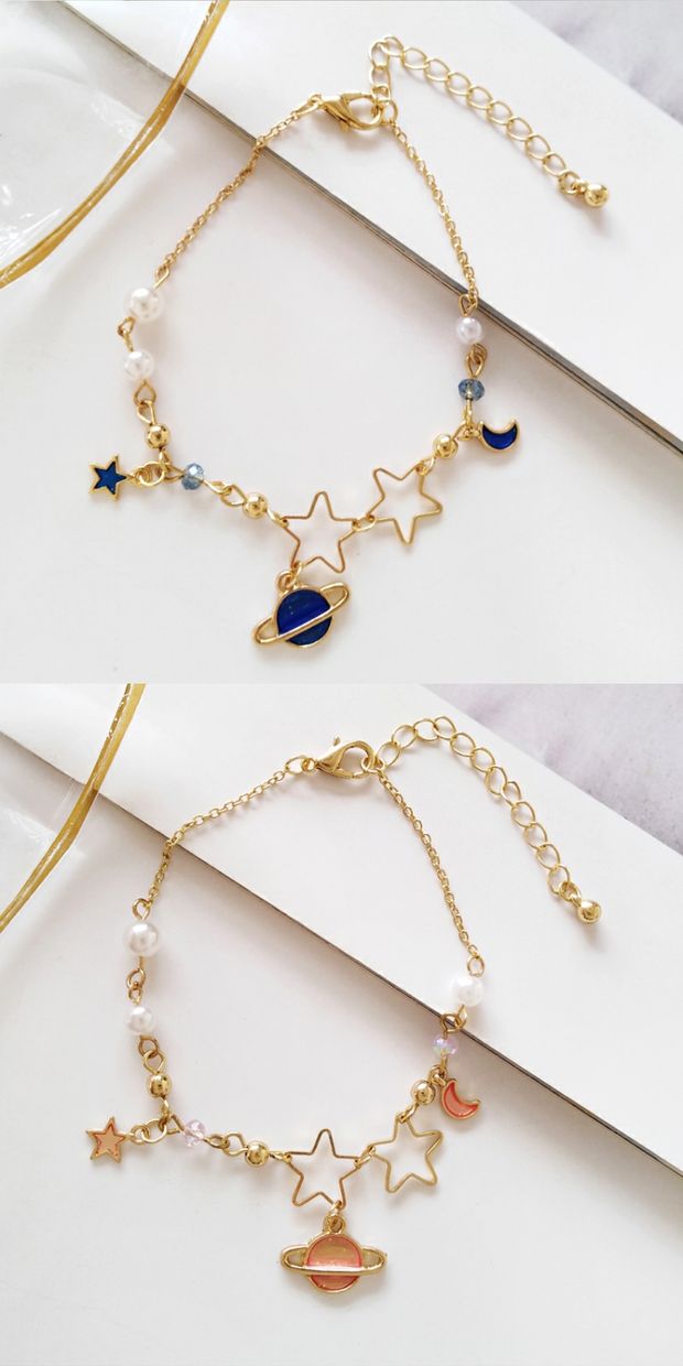 Nhật Bản và Hàn Quốc khí chất đơn giản mơ mộng đầy sao bầu trời ngọc trai vòng đeo tay thời trang ngọt ngào sao mặt trăng hành tinh mặt dây chuyền trang sức - Vòng đeo tay Clasp vòng tay bạc nữ