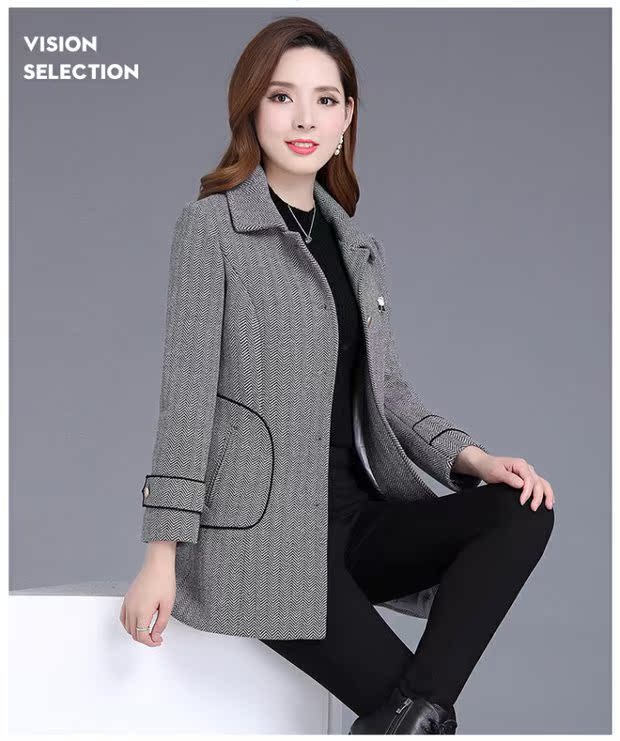 Mùa thu đông 2018 khí chất mới POLO cổ áo đơn thời trang ngực ngắn sọc len len áo khoác kaki nữ
