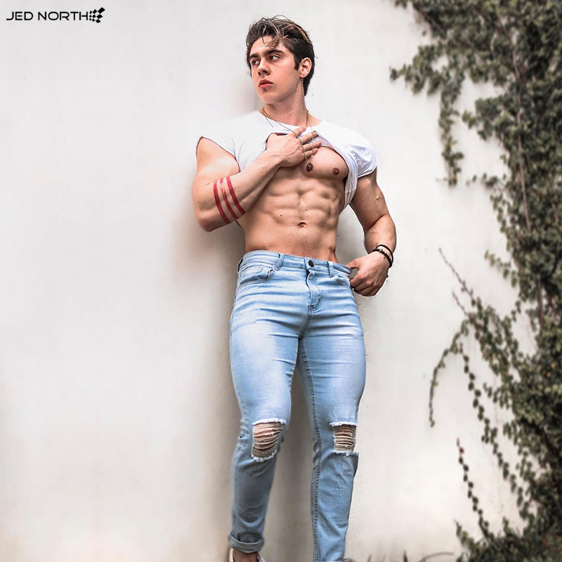 Live Out True I Jed North High Elasticity Men Fitness Sports Jeans Black Broken Hole Bodysuit Trendy Pants