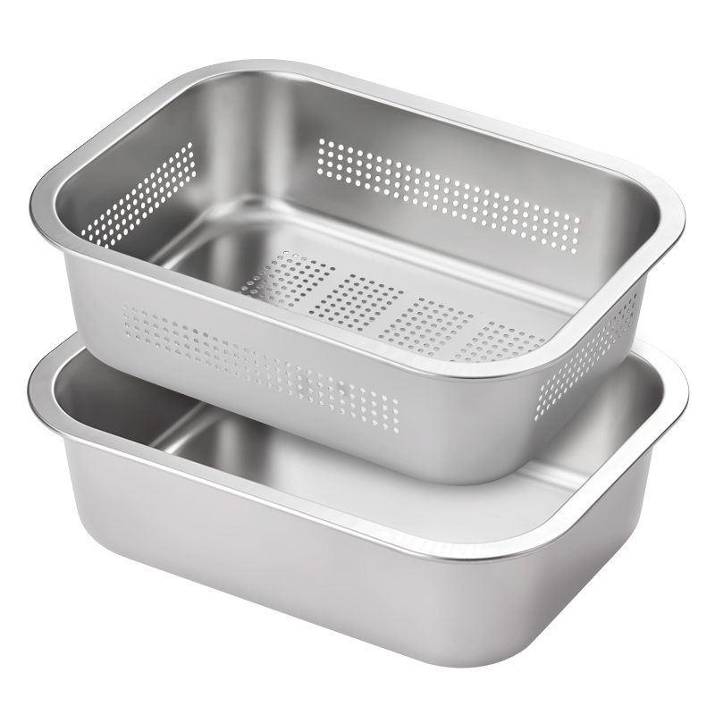 Stainless Steel Drain Basket Domestic Wash Vegetable Water Vegetable Basin Square Square Basin Preparation Plate Rectangular Basin Drain Basin Small Basin