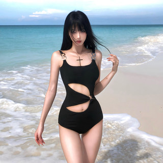 Swimsuit for Women 2026 New Style High-End Black Sexy Hollow-Out Strap One-Piece Small Bust Slimming Resort Hot Spring Swimwear